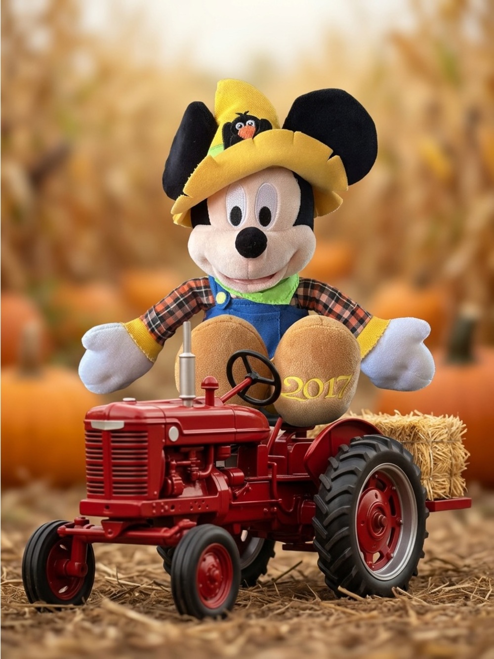 Disney Plush Mickey Mouse in Yellow Hat with Red Tractor